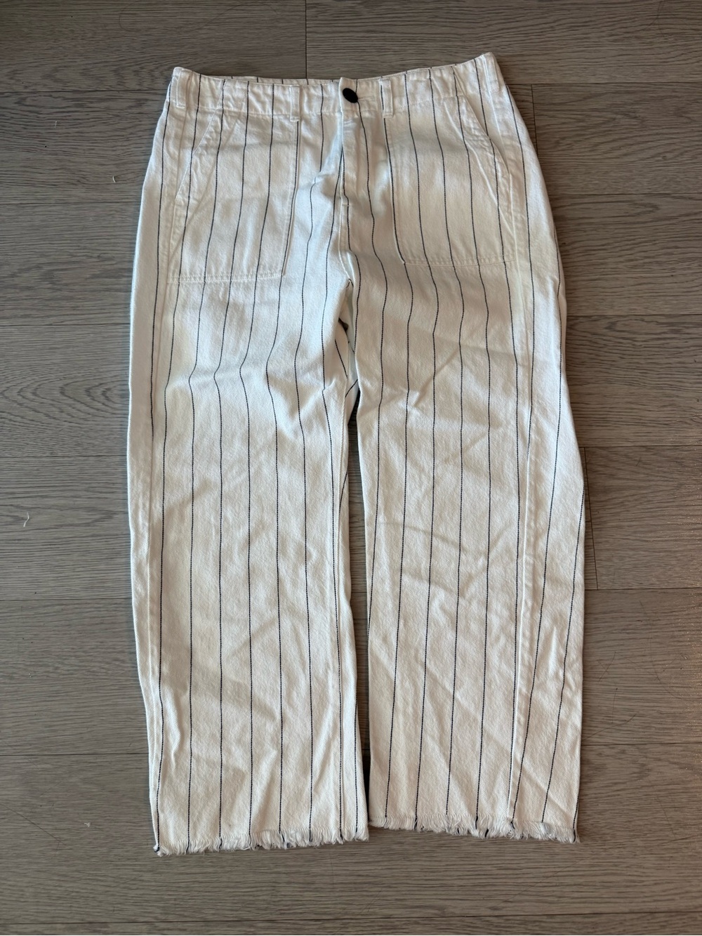 THE GREAT. Frayed Ranger Pant Cream Pinstripe Straight Leg Raw Hem size 28